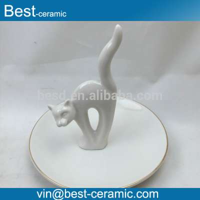 Unique cat shape white ceramic ring holder jewelry dish