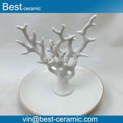 Promotion gift white color tree branch design ceramic diamond jewelry display trays